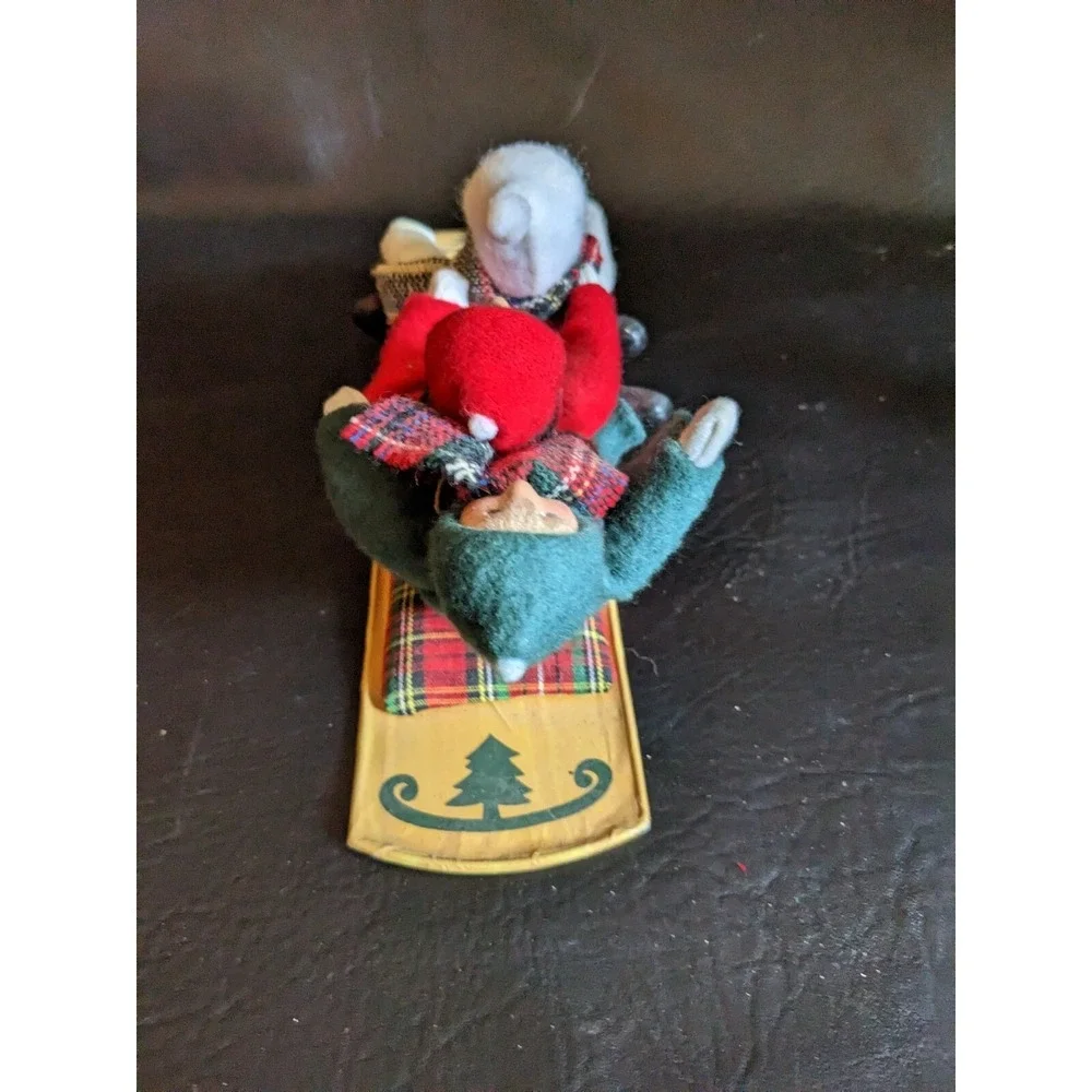 Byers Choice 3 Toddlers on Wood Toboggan Sled Red Green White Snow Suit